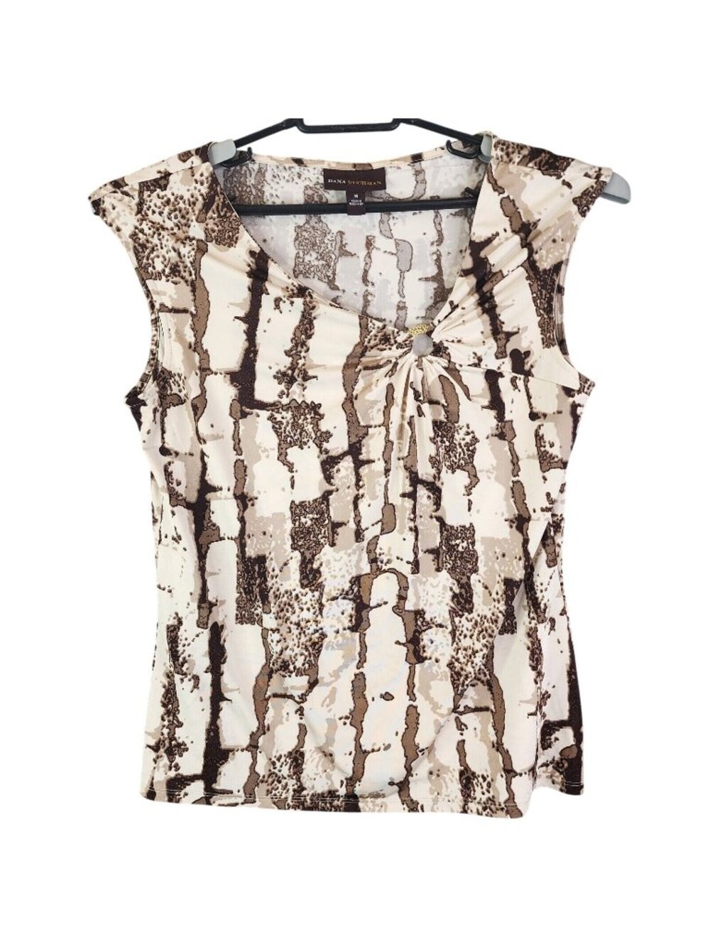 Womens Dana Buchman Brown Beige Off Centered Keyhole Sleeveless Blouse Size M